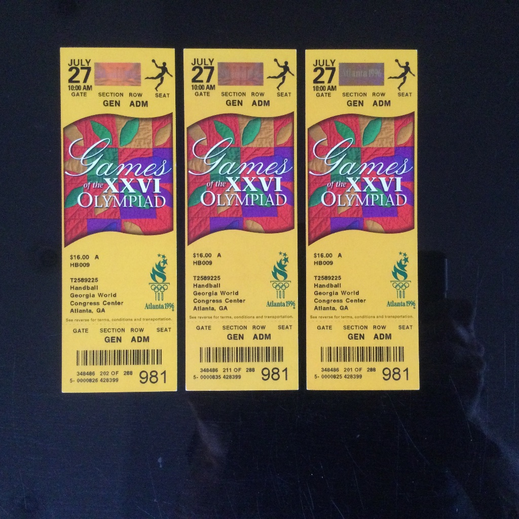 Lot Of Three Unused Atlanta Olympic Handball Tickets
